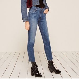 Reformation blue skinny denim with raw hem